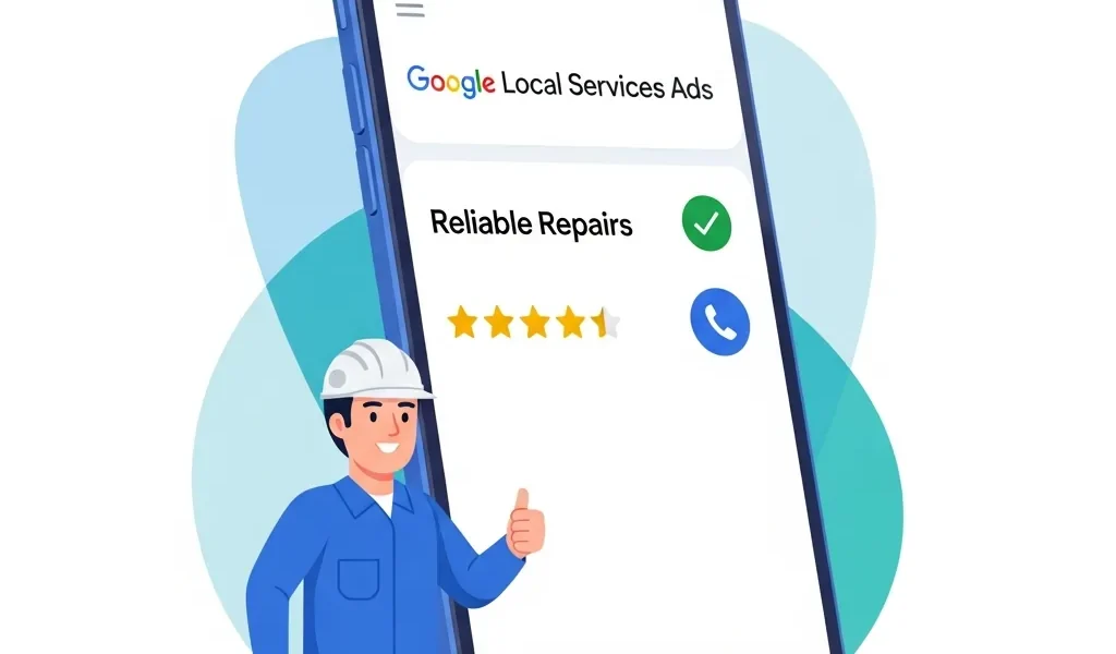 Google Local Services Ads shown at the top of a mobile search result with a verified badge and star rating