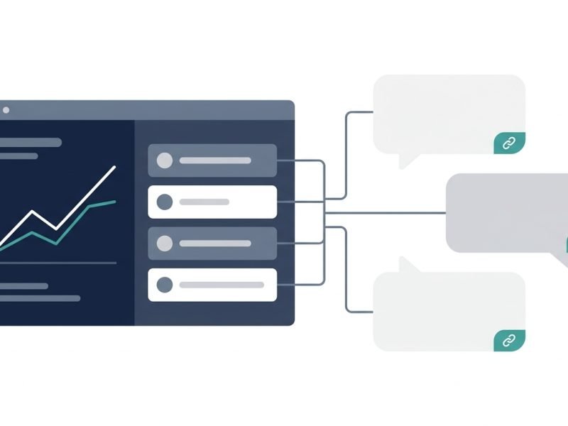 Analytics dashboard linked to three AI answer cards carrying citation link icons, illustrating AI citation tracking
