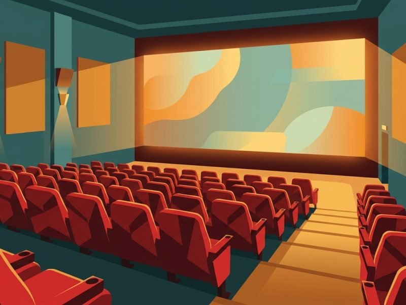 Empty UK cinema auditorium facing a lit screen, illustrating cinema advertising inventory