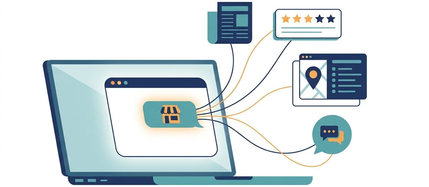 Illustration of an AI chat answer highlighting a small business, linked to a news article, review card, directory listing and forum thread