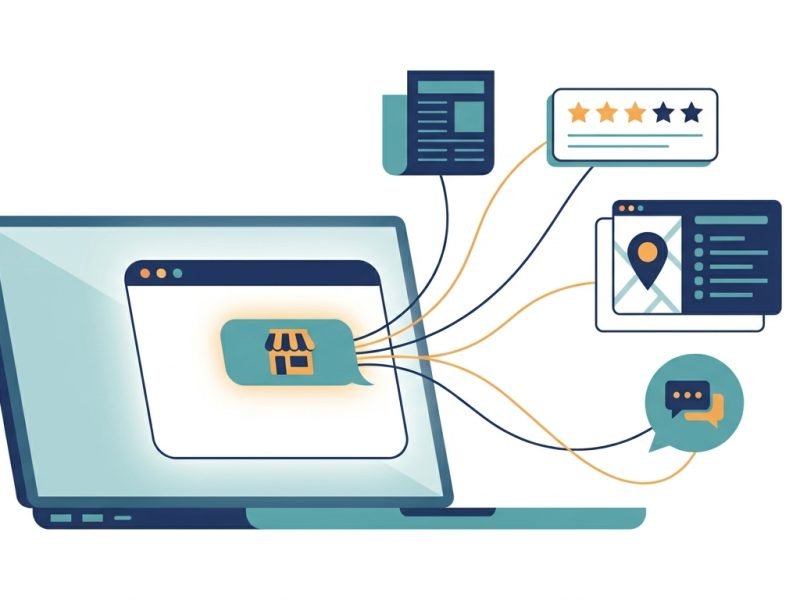 Illustration of an AI chat answer highlighting a small business, linked to a news article, review card, directory listing and forum thread