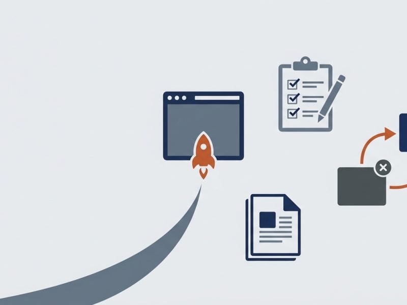 Browser window launching upward beside a clipboard checklist and a redirect diagram from an old page to a new page