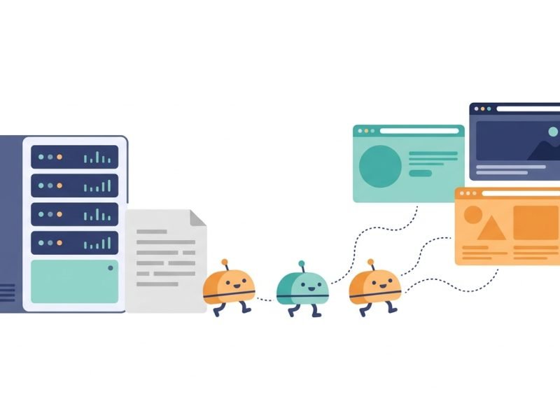 Illustration of AI crawler bots walking past an llms.txt file on a server towards website pages