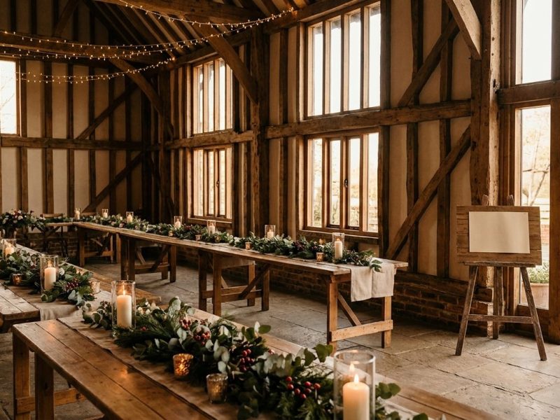 Barn wedding venue dressed for a winter open day, with long candlelit tables, greenery and fairy lights
